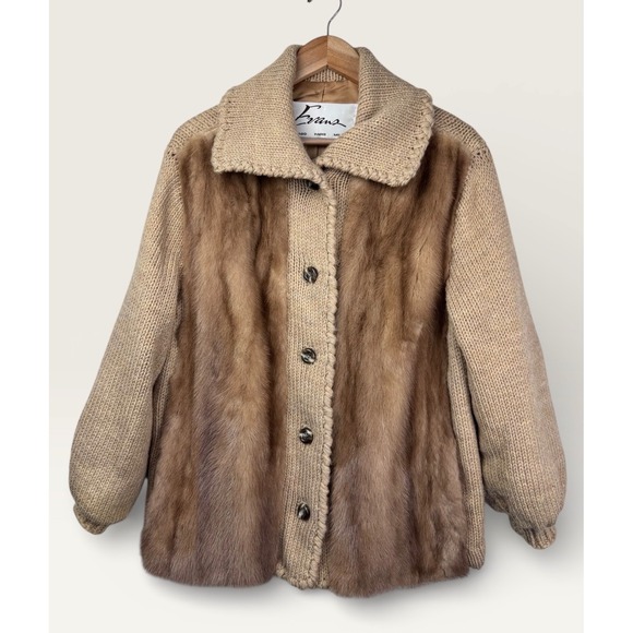 Vintage 1970s Wool Knit Jacket w/ Genuine Fur Panels Fully Lined Neutral Camel